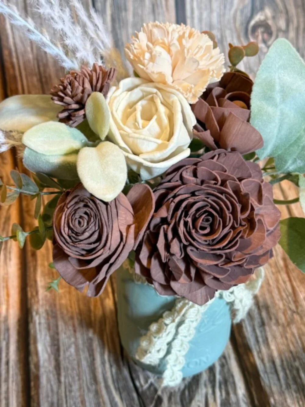 Sola Wood Brown Red Wedding Floral Table Centerpieces Set of 3 Mason Jar Decor